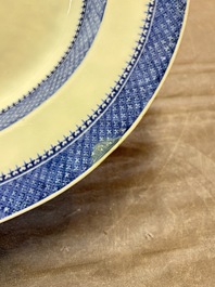 A set of two Chinese blue and white armorial dishes, a stand, and a tureen with the arms of Hughes for the English market, Qianlong, ca. 1790