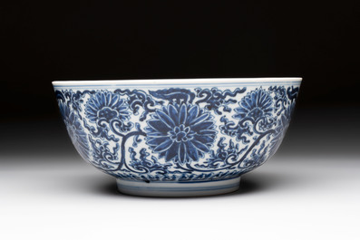 A Chinese blue and white 'lotus scroll' bowl, Xuande mark, Kangxi