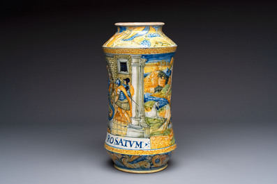 A rare massive Italian maiolica albarello with the arms of Boerio, Angelo and Ludovico Picchi workshop, Casteldurante, ca. 1562-1563