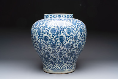 A large Chinese blue and white 'shou' jar, Wanli mark, 20th C.
