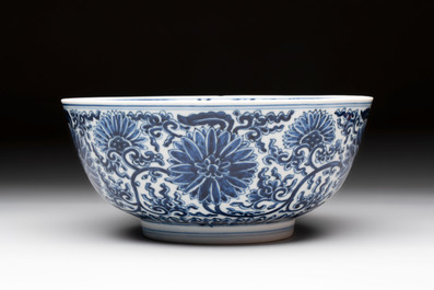 A Chinese blue and white 'lotus scroll' bowl, Xuande mark, Kangxi