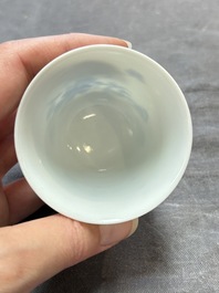 A Chinese blue and white 'mandarin duck and lotus' cup, Kangxi mark, 19th C.