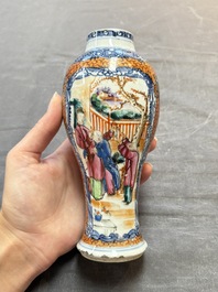 A Chinese famille rose garniture of five 'mandarin subject' vases, Qianlong