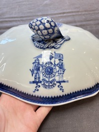 A set of two Chinese blue and white armorial dishes, a stand, and a tureen with the arms of Hughes for the English market, Qianlong, ca. 1790