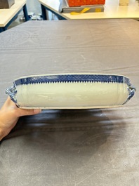 A set of two Chinese blue and white armorial dishes, a stand, and a tureen with the arms of Hughes for the English market, Qianlong, ca. 1790