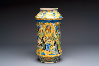A rare massive Italian maiolica albarello with the arms of Boerio, Angelo and Ludovico Picchi workshop, Casteldurante, ca. 1562-1563