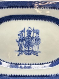 A set of two Chinese blue and white armorial dishes, a stand, and a tureen with the arms of Hughes for the English market, Qianlong, ca. 1790