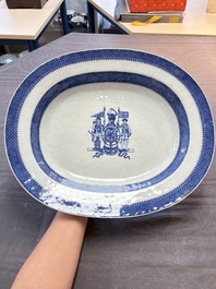 A set of two Chinese blue and white armorial dishes, a stand, and a tureen with the arms of Hughes for the English market, Qianlong, ca. 1790
