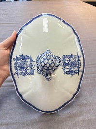 A set of two Chinese blue and white armorial dishes, a stand, and a tureen with the arms of Hughes for the English market, Qianlong, ca. 1790