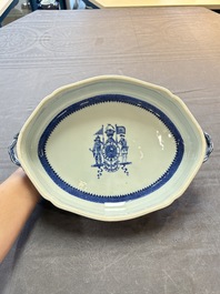 A set of two Chinese blue and white armorial dishes, a stand, and a tureen with the arms of Hughes for the English market, Qianlong, ca. 1790