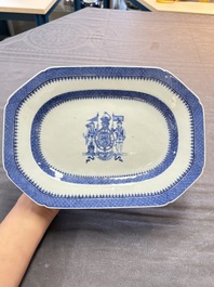 A set of two Chinese blue and white armorial dishes, a stand, and a tureen with the arms of Hughes for the English market, Qianlong, ca. 1790