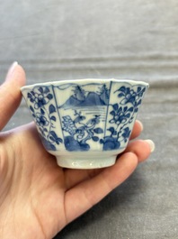 A set of 11 Chinese blue and white cups and saucers with riverscape design, Kangxi