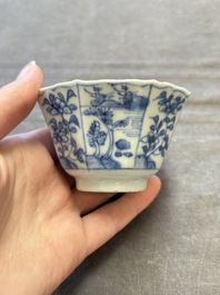 A set of 11 Chinese blue and white cups and saucers with riverscape design, Kangxi