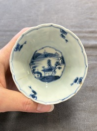 A set of 11 Chinese blue and white cups and saucers with riverscape design, Kangxi