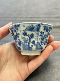 A set of 11 Chinese blue and white cups and saucers with riverscape design, Kangxi