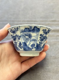 A set of 11 Chinese blue and white cups and saucers with riverscape design, Kangxi