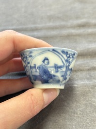 Six Chinese blue and white cups and ten saucers, Kangxi