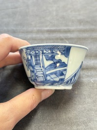 Six Chinese blue and white cups and ten saucers, Kangxi