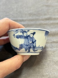 Six Chinese blue and white cups and ten saucers, Kangxi