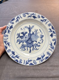 19 Chinese blue and white plates with antiquities, floral, and landscape design, Kangxi