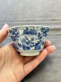A set of 11 Chinese blue and white cups and saucers with riverscape design, Kangxi