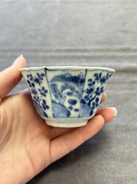 A set of 11 Chinese blue and white cups and saucers with riverscape design, Kangxi
