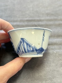 Six Chinese blue and white cups and ten saucers, Kangxi