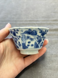 A set of 11 Chinese blue and white cups and saucers with riverscape design, Kangxi