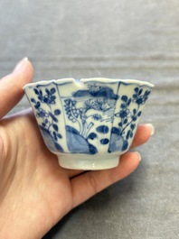 A set of 11 Chinese blue and white cups and saucers with riverscape design, Kangxi