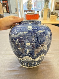 A Chinese Dehua blue and white vase, two containers and a 'prunus on cracked ice' vase, Kangxi mark, 18/19th C.