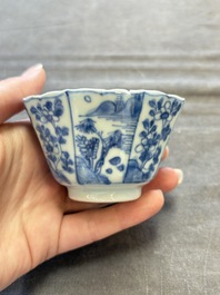 A set of 11 Chinese blue and white cups and saucers with riverscape design, Kangxi
