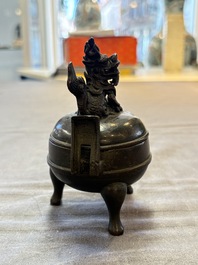 A Chinese archaistic miniature bronze 'qilin' tripod censer and cover, 'ding 鼎', Yuan/Ming
