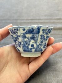 A set of 11 Chinese blue and white cups and saucers with riverscape design, Kangxi