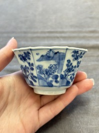 A set of 11 Chinese blue and white cups and saucers with riverscape design, Kangxi