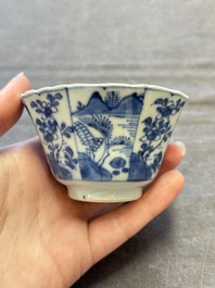 A set of 11 Chinese blue and white cups and saucers with riverscape design, Kangxi