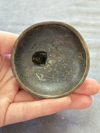 A Chinese archaistic miniature bronze 'qilin' tripod censer and cover, 'ding 鼎', Yuan/Ming