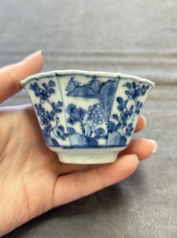 A set of 11 Chinese blue and white cups and saucers with riverscape design, Kangxi