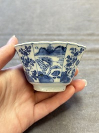 A set of 11 Chinese blue and white cups and saucers with riverscape design, Kangxi