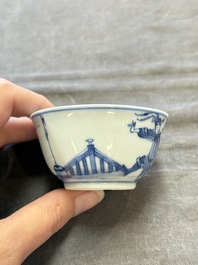 Six Chinese blue and white cups and ten saucers, Kangxi