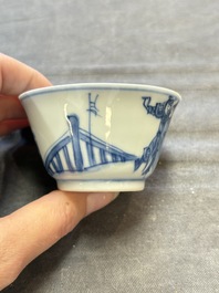 Six Chinese blue and white cups and ten saucers, Kangxi