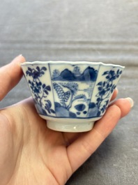A set of 11 Chinese blue and white cups and saucers with riverscape design, Kangxi