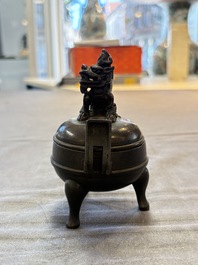 A Chinese archaistic miniature bronze 'qilin' tripod censer and cover, 'ding 鼎', Yuan/Ming