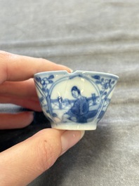 Six Chinese blue and white cups and ten saucers, Kangxi