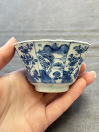 A set of 11 Chinese blue and white cups and saucers with riverscape design, Kangxi