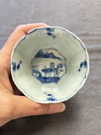 A set of 11 Chinese blue and white cups and saucers with riverscape design, Kangxi