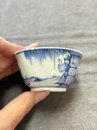 Six Chinese blue and white cups and ten saucers, Kangxi