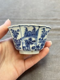 A set of 11 Chinese blue and white cups and saucers with riverscape design, Kangxi