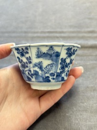 A set of 11 Chinese blue and white cups and saucers with riverscape design, Kangxi