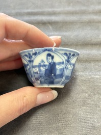 Six Chinese blue and white cups and ten saucers, Kangxi