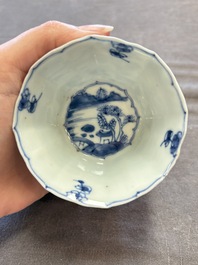 A set of 11 Chinese blue and white cups and saucers with riverscape design, Kangxi